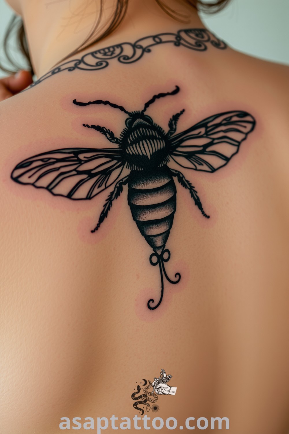 Gothic bee tattoo with intricate linework and deep shading, beautifully contrasting against light skin. An amazing tattoo with meaning that you will absolutely love. asaptattoo.com