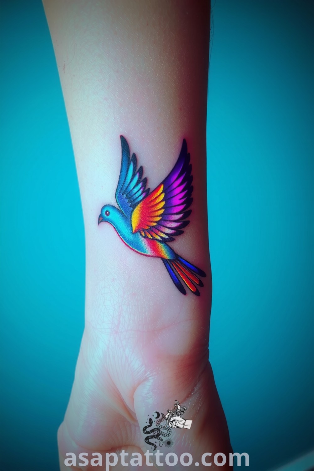 Holographic bird tattoo with iridescent feathers showcasing vibrant colors and intricate linework, symbolizing hope and transformation. This amazing tattoo idea will inspire you to get inked. asaptattoo.com
