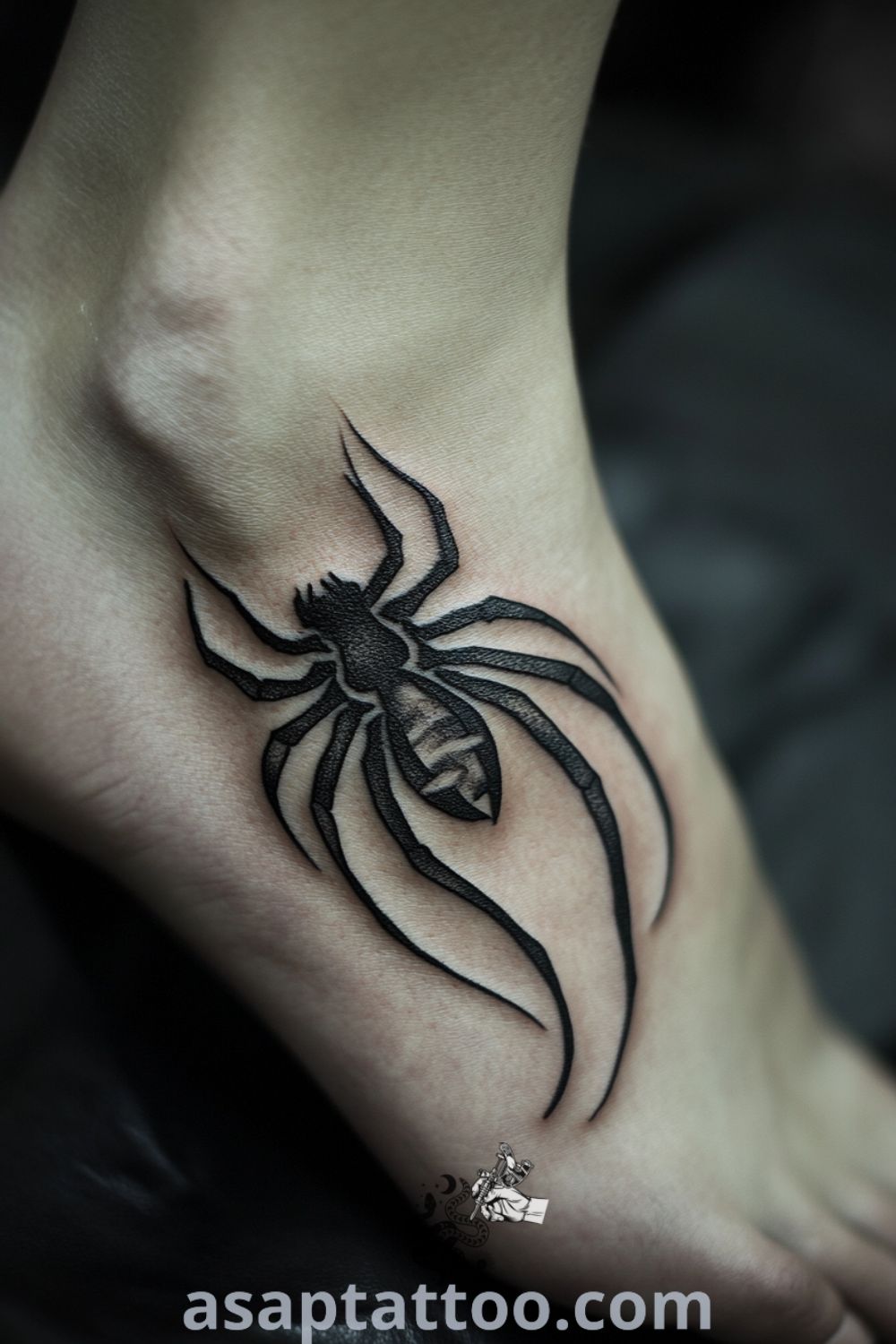Tribal spider tattoo elegantly coiling around the foot with bold lines and shading, symbolizing resilience and protection. An amazing tattoo idea that you absolutely must see. asaptattoo.com