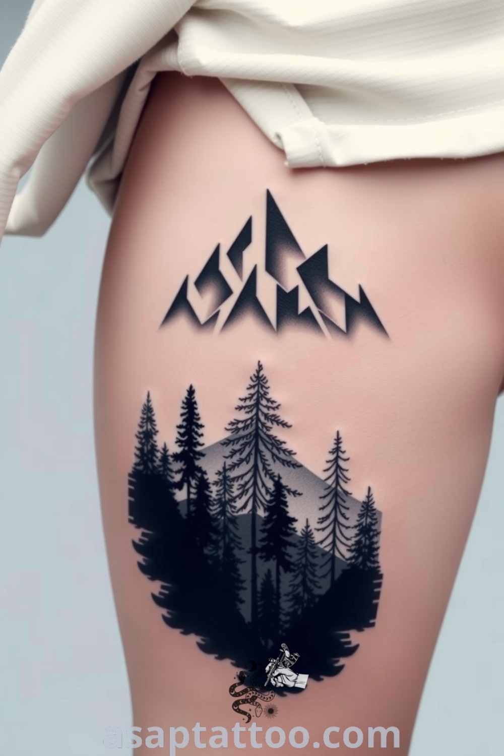 Geometric mountain and forest tattoo with sharp lines and intricate patterns in black and grey, offering a striking design that will inspire you to get inked. asaptattoo.com