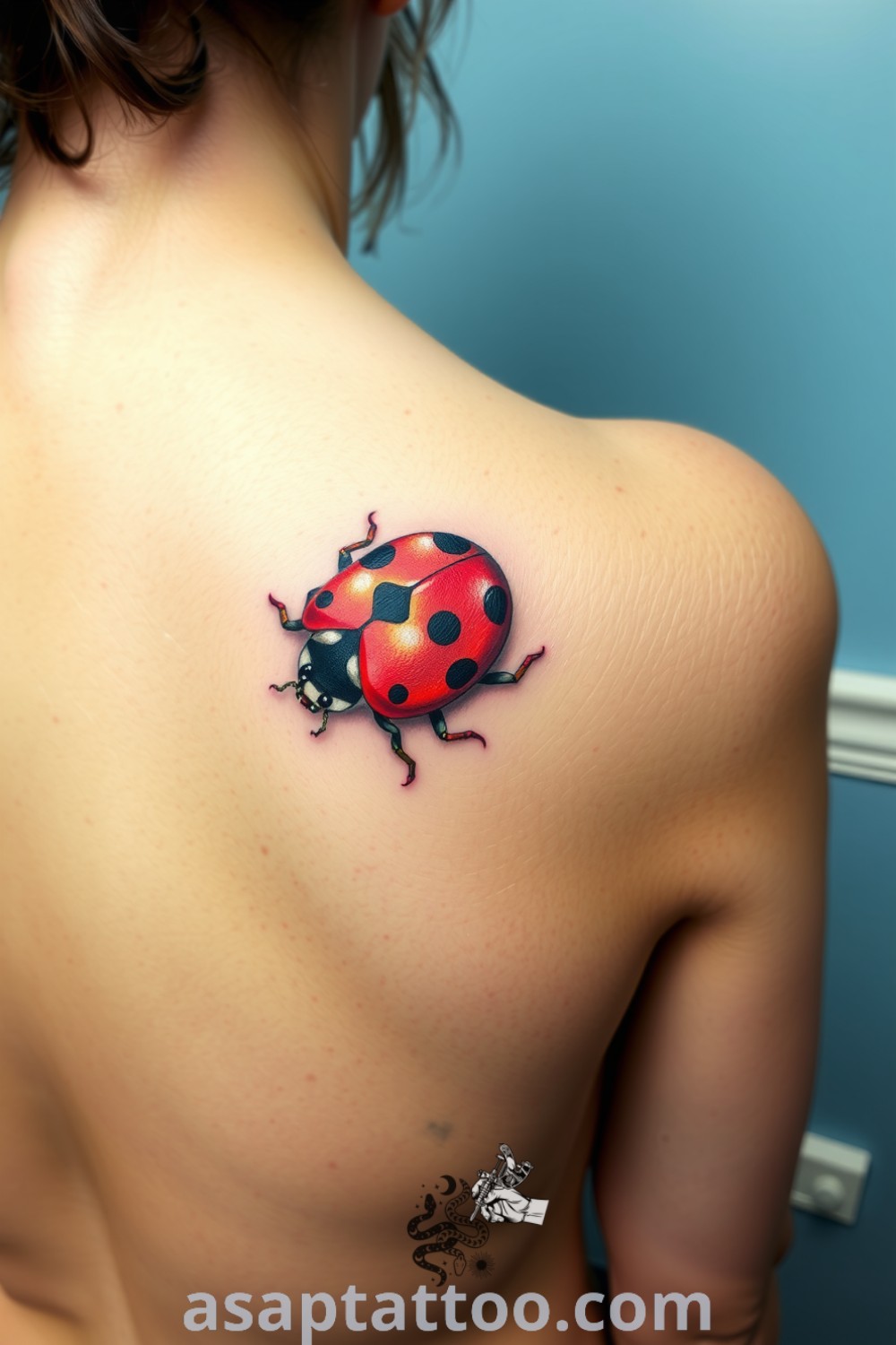 Realistic ladybug tattoo with intricate linework, vibrant red and black colors, and shading that creates depth. An inspiring design that symbolizes luck and protection, perfect for those seeking amazing body art ideas. asaptattoo.com