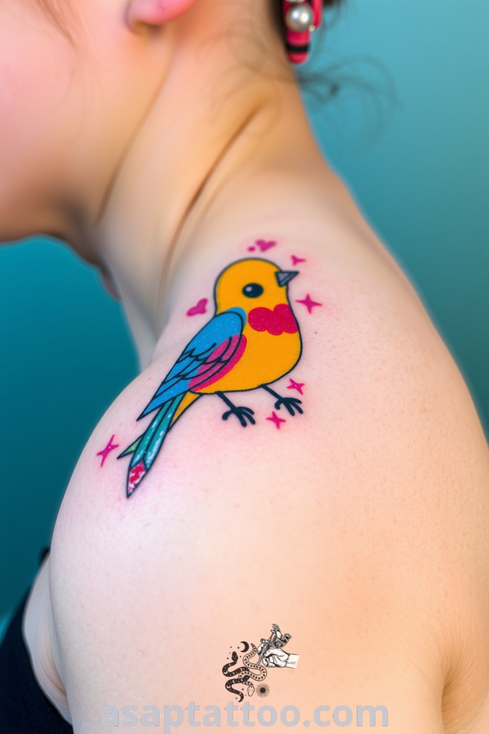 Crayon-style bird tattoo in vibrant blue, yellow, and red hues, reflecting playful energy and charming gradients. A gorgeous tattoo idea you must see to believe. asaptattoo.com