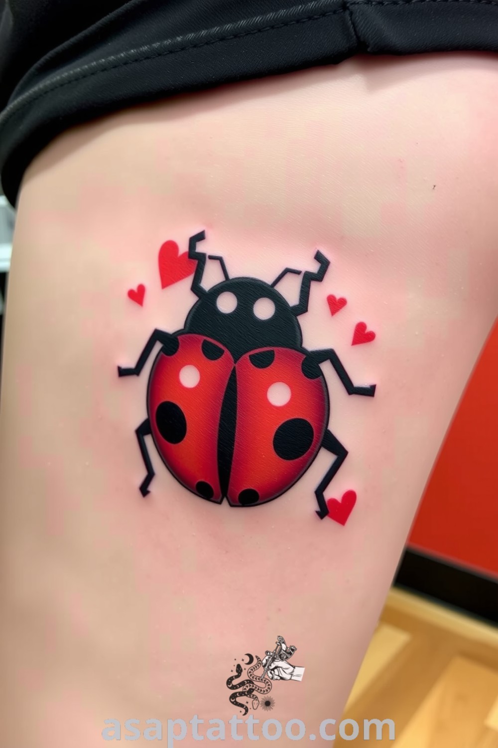 Bold ladybug thigh tattoo with rich red hues and black outlines, symbolizing good luck and protection. An amazing tattoo idea that you must see to believe. asaptattoo.com