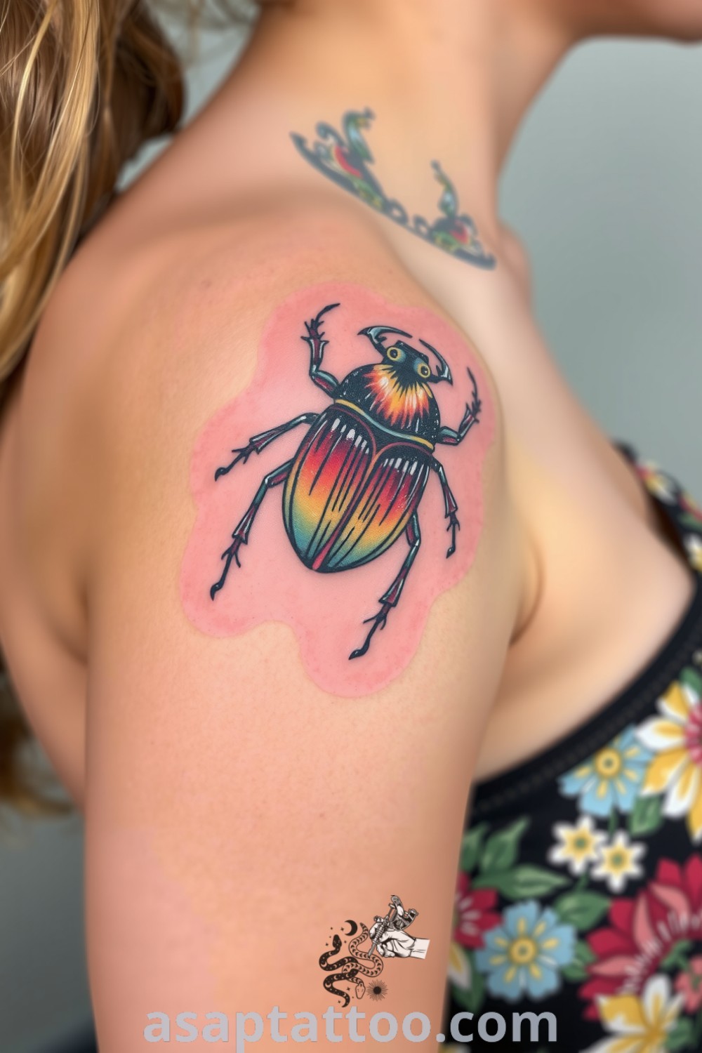 Vintage beetle tattoo with vibrant colors and intricate details, highlighting the essence of freedom and adventure. A gorgeous tattoo idea you must see to believe. asaptattoo.com
