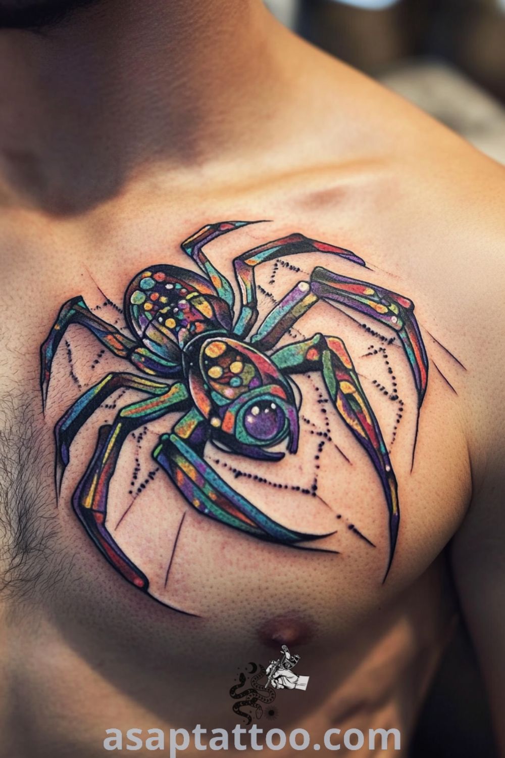 Psychedelic spider tattoo with intricate linework, vibrant colors like electric blues and purples, and glossy finish. An amazing tattoo idea you must see to believe. asaptattoo.com