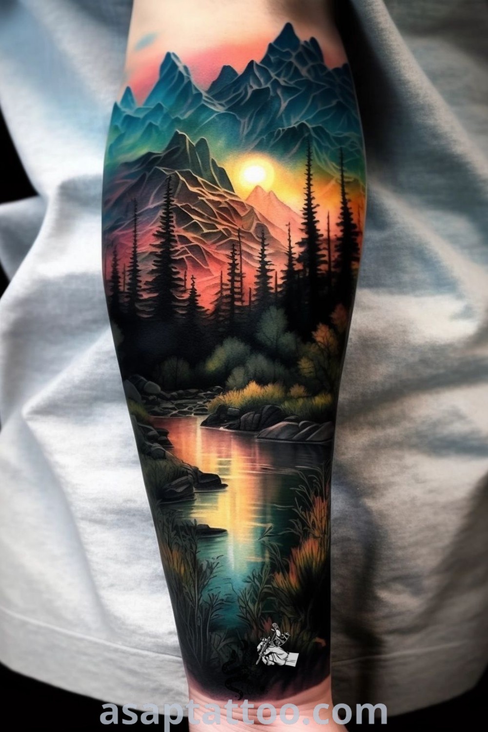 A stunning mountain and lake tattoo showcasing vibrant colors and realistic details, perfect as a sleeve or for those fond of nature scene tattoos. Discover more at asaptattoo.com.