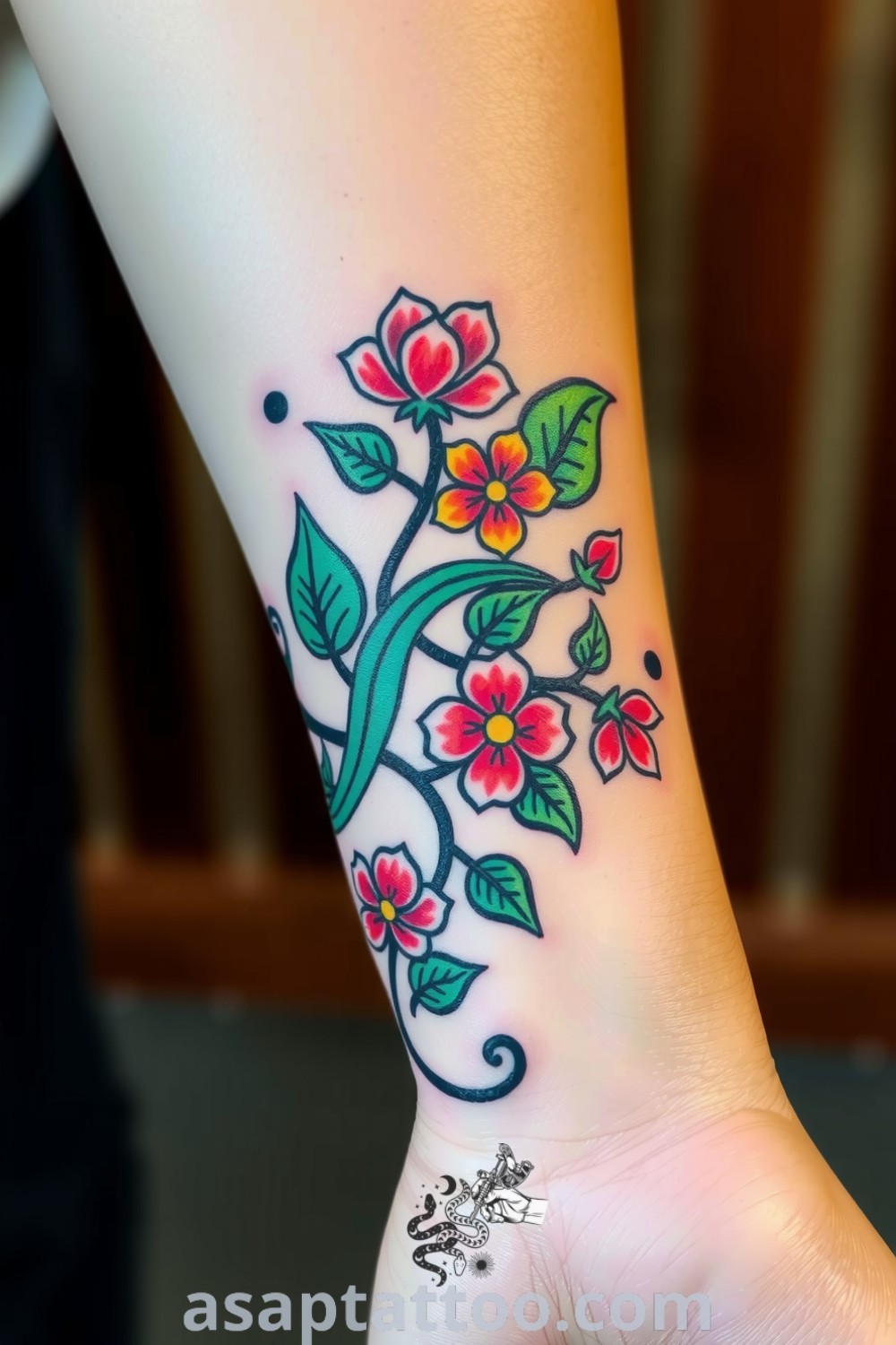 Folk-art plants tattoo showcasing intricate patterns of vines and flowers in vibrant reds, greens, and yellows. A gorgeous tattoo idea you will absolutely love, perfect for personal expression. asaptattoo.com