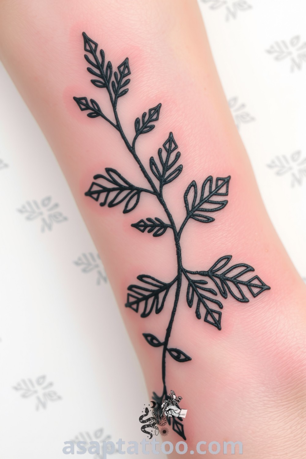 Elegant dotwork plant tattoo on the wrist with intricate leaf and stem patterns, featuring detailed dot shading for a gradient effect. A gorgeous tattoo idea you must see. asaptattoo.com