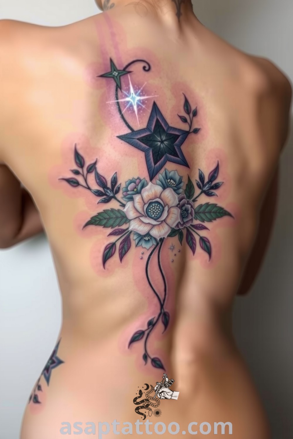 Celestial plants tattoo with starry vines and cosmic florals showcasing vibrant gradients and intricate details, a gorgeous tattoo idea that will inspire you to get inked. asaptattoo.com