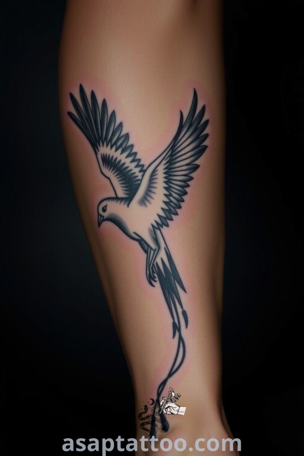Chiaroscuro bird tattoo in a dynamic pose with intricate linework and shading, emphasizing contrast and texture on dark skin. A gorgeous tattoo idea you must see to believe. asaptattoo.com