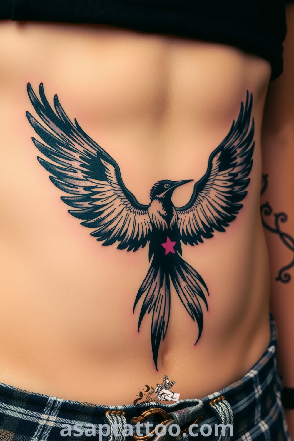 Grunge bird tattoo on ribcage with intricate linework, rich blacks, and subtle greys, embodying freedom and resilience. An amazing tattoo idea to inspire you. asaptattoo.com