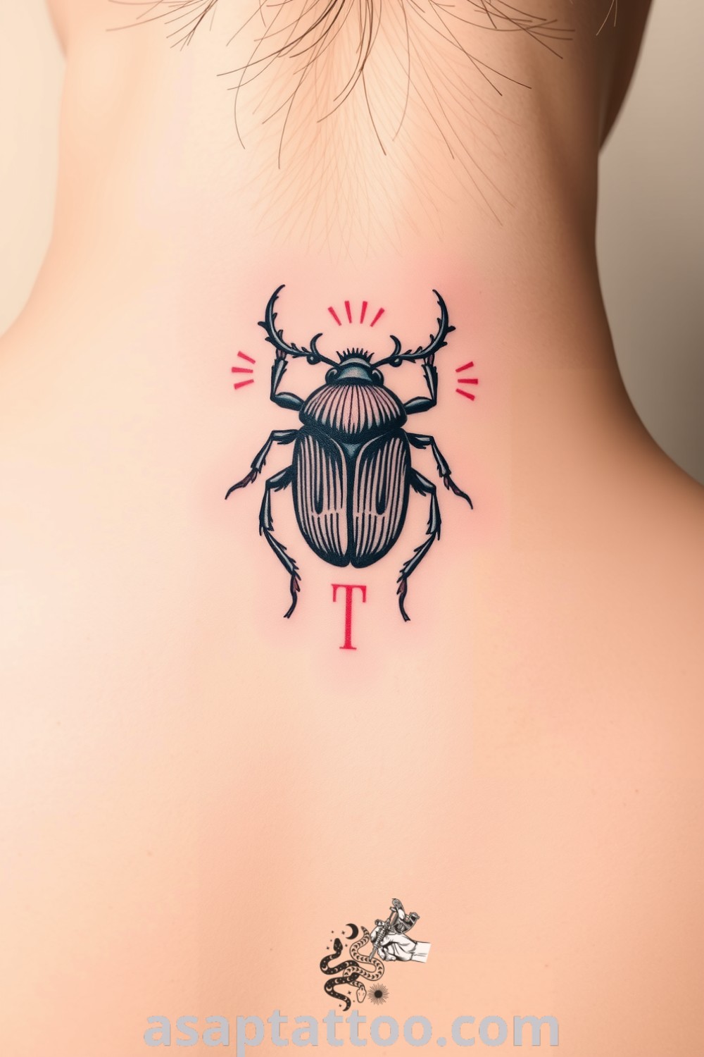 Detailed linework beetle tattoo stretching down the spine, showcasing intricate designs and a three-dimensional effect. A gorgeous and elegant tattoo idea that you must see to believe. asaptattoo.com