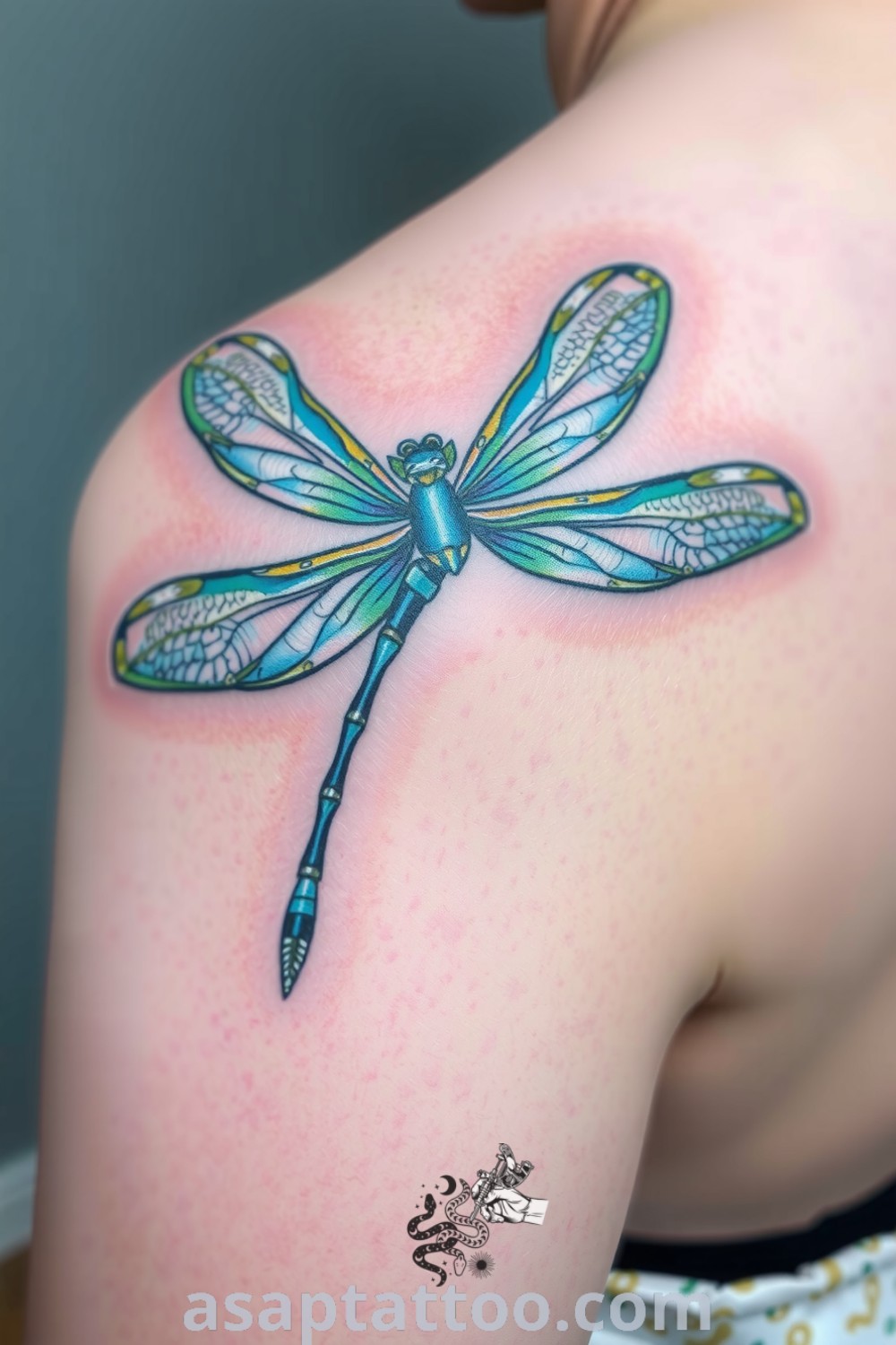 Realistic dragonfly tattoo on the shoulder featuring intricate wings in iridescent blues and greens, showcasing stunning details and depth. A gorgeous tattoo idea that will inspire you to get inked. asaptattoo.com