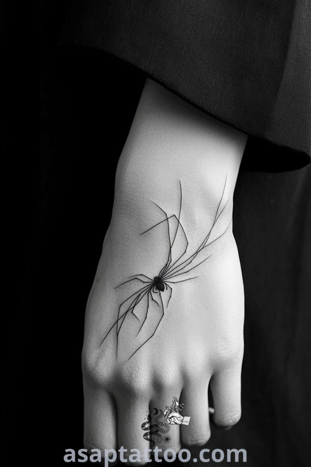 Minimalist spider tattoo with fine black lines on a light-skinned wrist, showcasing controlled shading and elegant curves. A gorgeous tattoo idea that will inspire you to get inked. asaptattoo.com