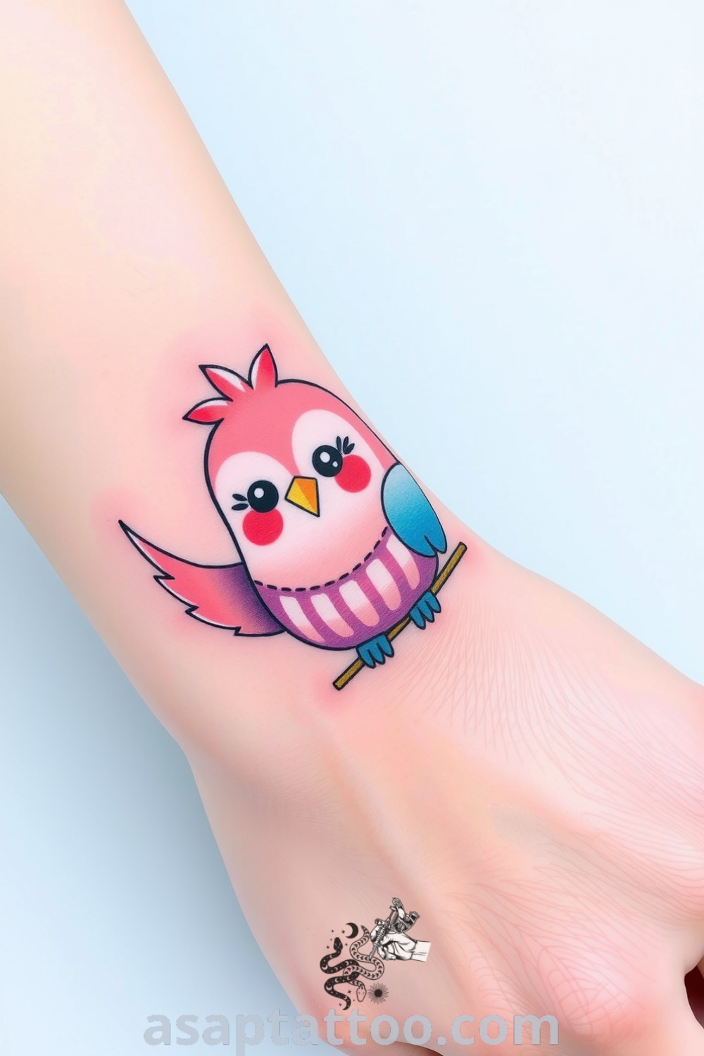 Kawaii bird tattoo with vibrant pink and blue colors and intricate linework, showcasing cheerful features. A cute and amazing tattoo idea you will absolutely love. asaptattoo.com