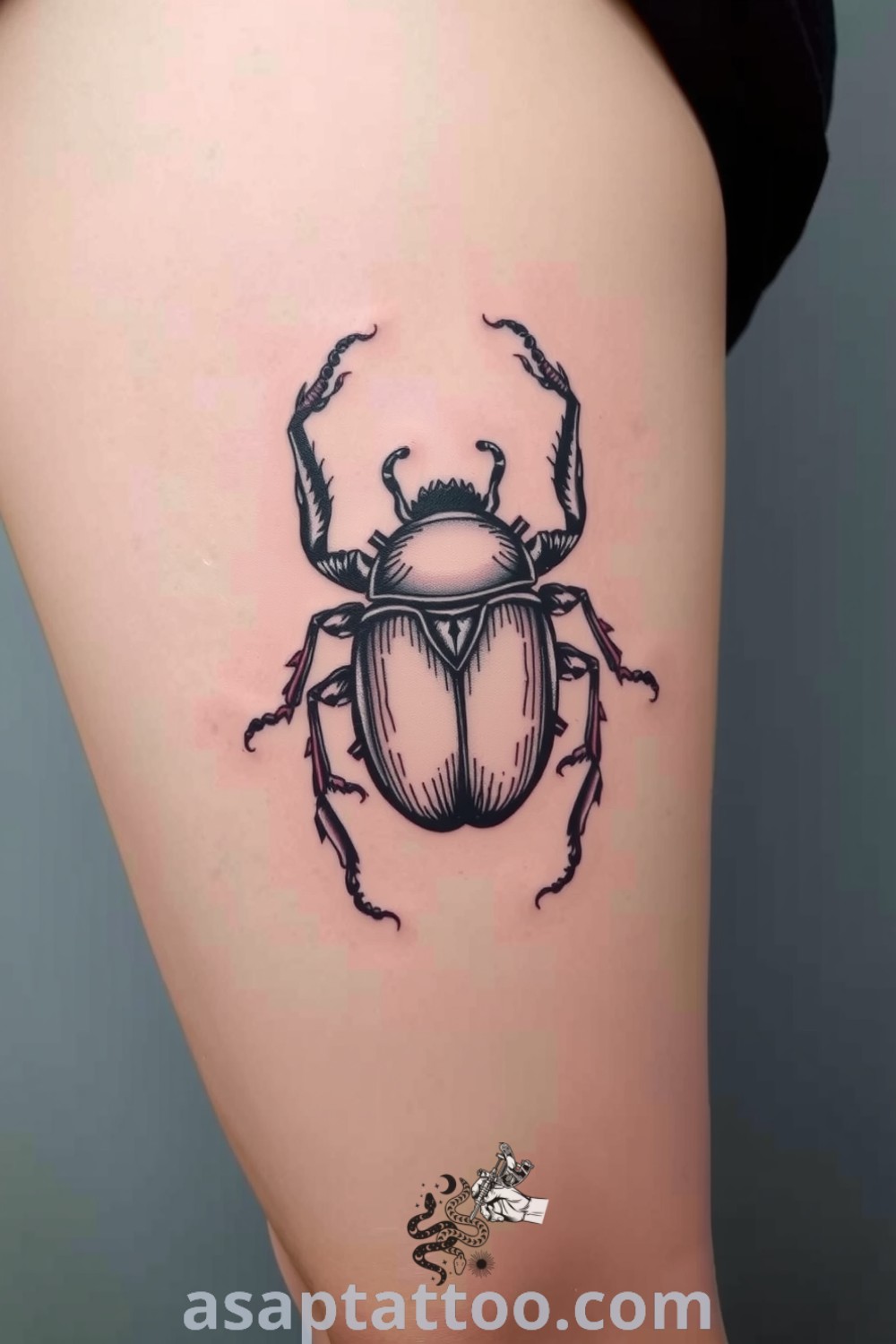 Blackwork beetle tattoo with intricate linework and detailed exoskeleton, crafted in bold ink. A gorgeous tattoo idea you must see to believe, symbolizing transformation and resilience. asaptattoo.com