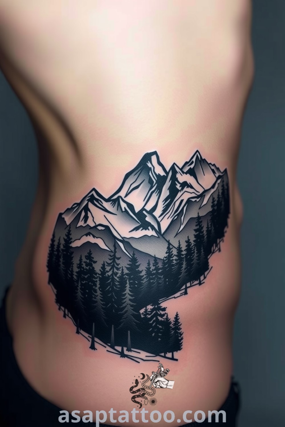 Chiaroscuro tattoo of majestic mountains and a dense forest on the ribcage, featuring rich blacks and grays for dramatic contrasts. An inspiring design you must see to believe. asaptattoo.com