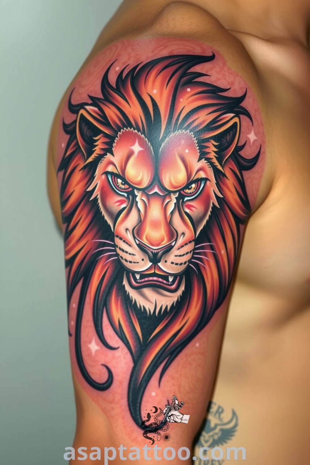 3D lion tattoo on the upper arm with intricate details and rich shading, creating a lifelike effect. A majestic design symbolizing strength and courage you must see to believe. asaptattoo.com