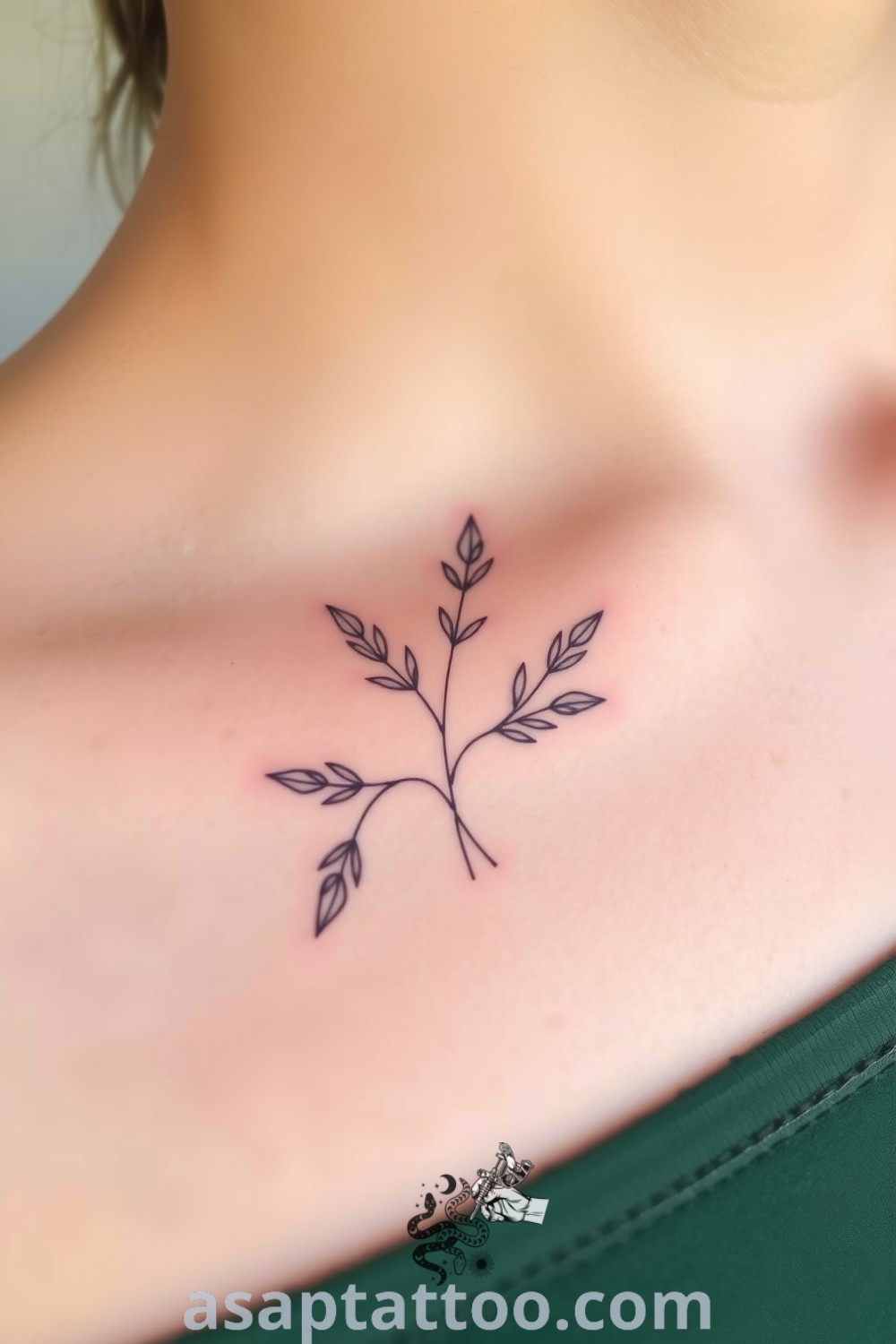Minimalist plants tattoo featuring fine linework of elegant sprigs and leaves along the collarbone. A gorgeous tattoo idea that embodies serenity and nature, perfect for those seeking elegant body art. asaptattoo.com