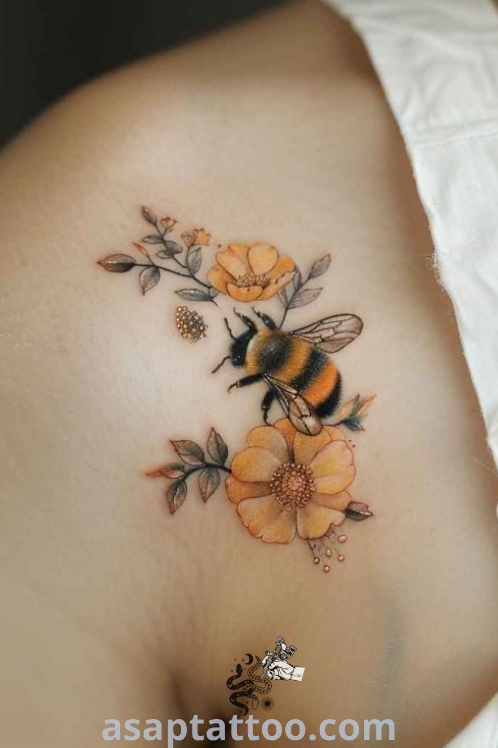 Flower tattoos for shoulder featuring stunning designs like flower shoulder tattoos, bee moon flower tattoo, and cute small bumble bee tattoo. A gorgeous collection of feminine tattoo ideas to inspire your next ink. Discover more at asaptattoo.com.
