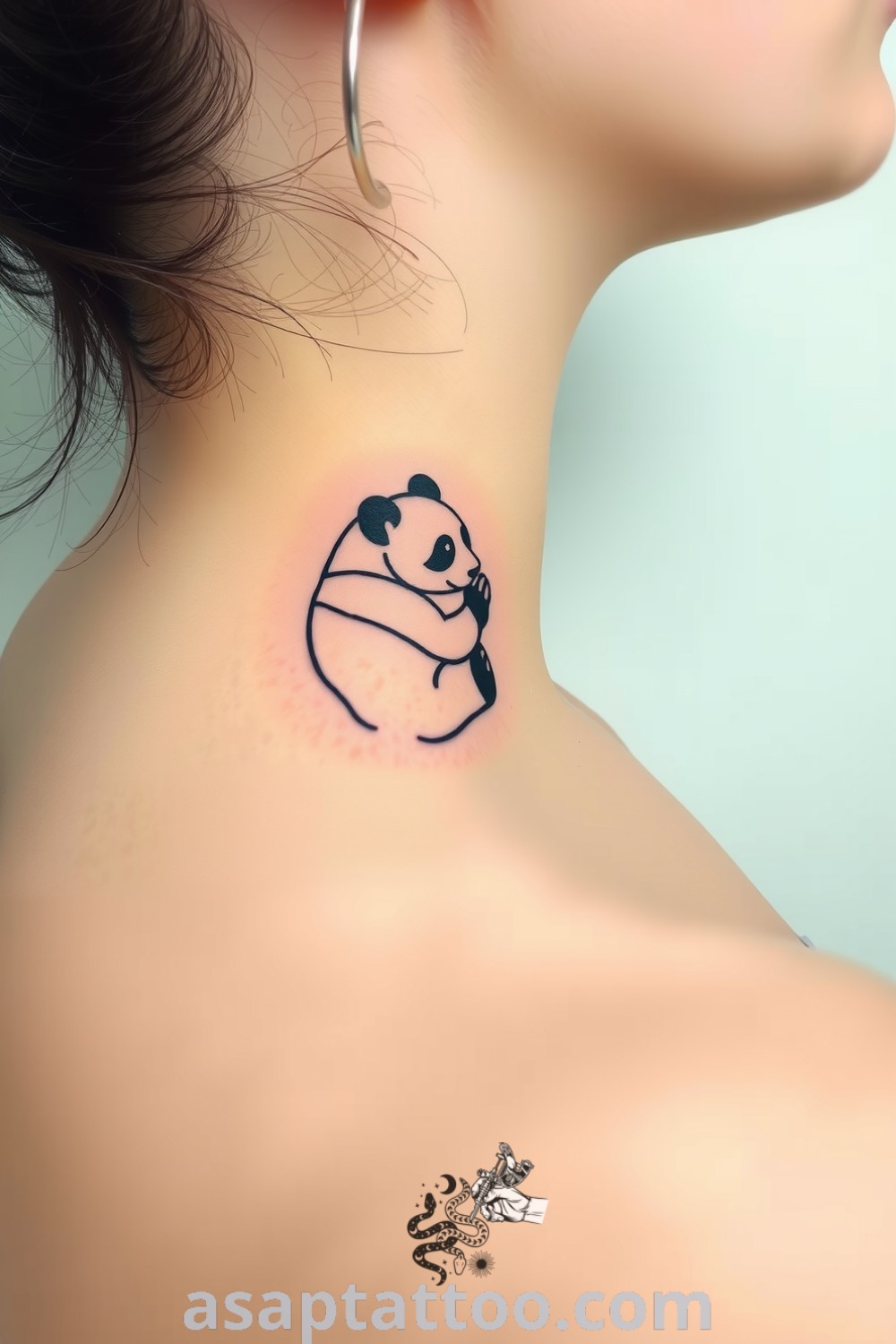 Line art tattoo of a panda wrapping around the neck in minimalist black lines, showcasing intricate details. An elegant and cute tattoo idea that will inspire you to get inked. asaptattoo.com