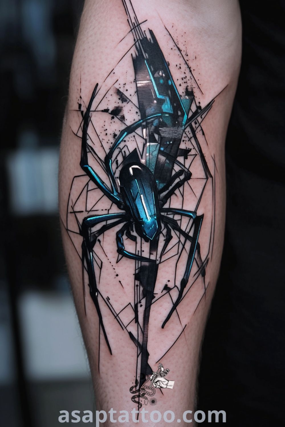 Cyberpunk spider tattoo with intricate linework, deep blacks, and electric blues, showcasing geometric patterns and movement. A gorgeous tattoo idea you must see to believe. asaptattoo.com