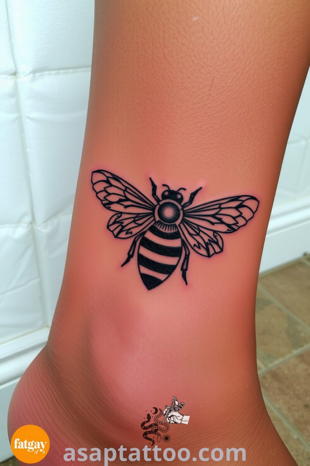 Intricate dotwork bee tattoo on ankle with detailed linework and gradient shading, embodying beauty and symbolism. A gorgeous tattoo idea that you must see. asaptattoo.com