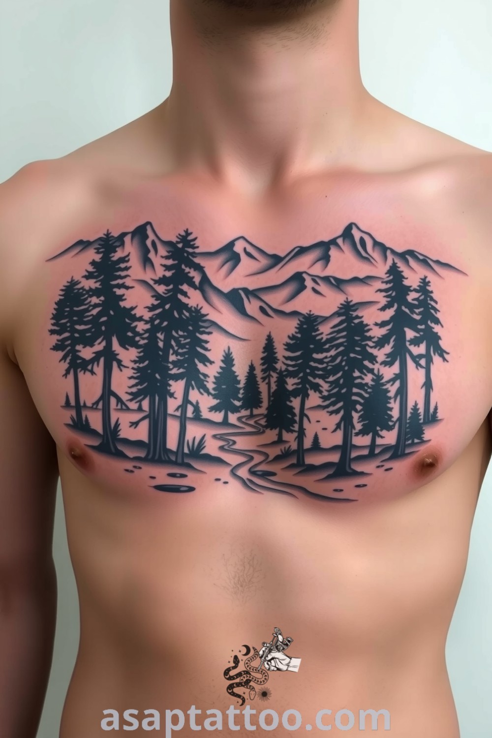 Vintage forest and mountains tattoo with intricate linework and rich ink saturation, showcasing lifelike textures and depth. A gorgeous tattoo design that will inspire you to get inked. asaptattoo.com