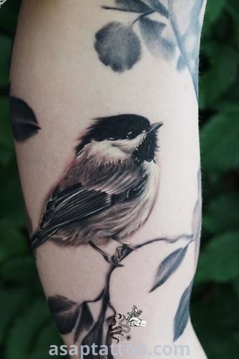 Chickadee tattoo on a tree branch with floral elements, showcasing black and gray intricacies. A beautiful design idea for those seeking realistic bird tattoos and cover-up options. Discover more inspiration at asaptattoo.com.