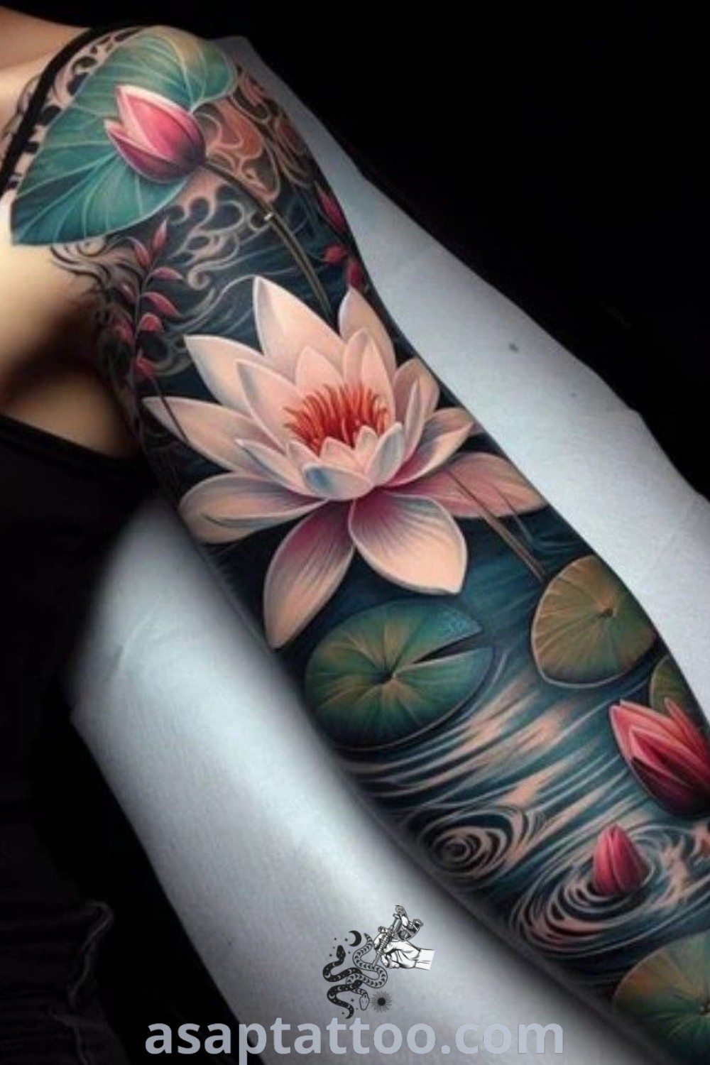 Elegant lotus flower sleeve tattoo on a woman