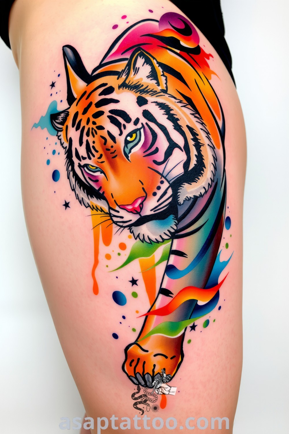 Watercolor tiger tattoo showcasing vibrant oranges and blacks with blue and green accents. An amazing design that embodies strength and wildness, perfect for those looking for inspiring tattoo ideas. asaptattoo.com