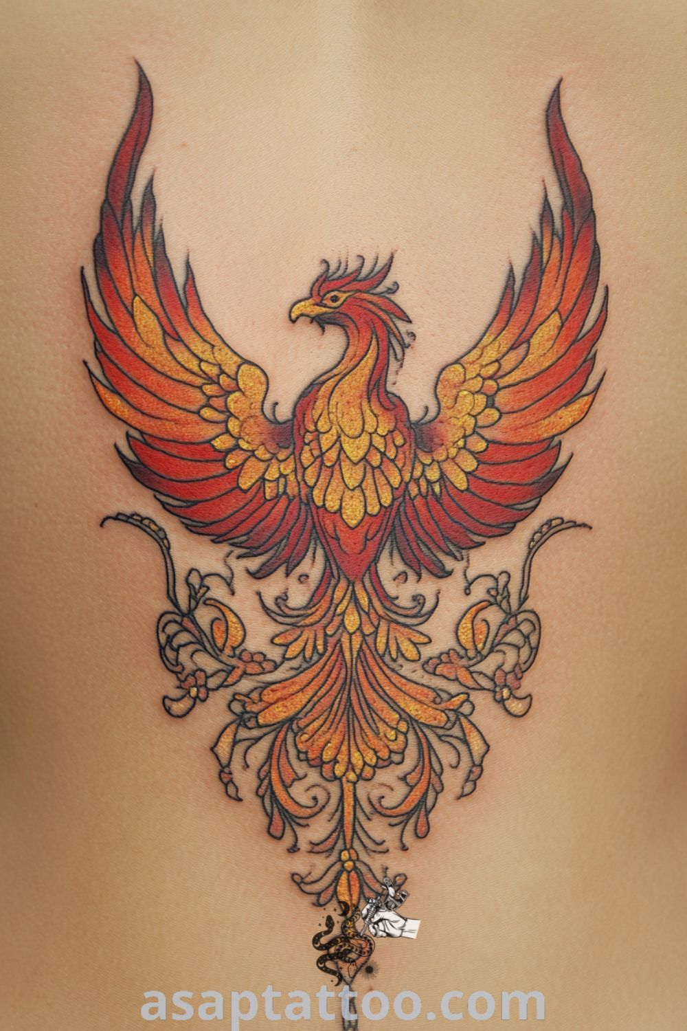 Intricately detailed ornamental phoenix tattoo with fiery red and gold feathers symbolizing rebirth and resilience. An elegant and inspiring tattoo idea you must see to believe. asaptattoo.com