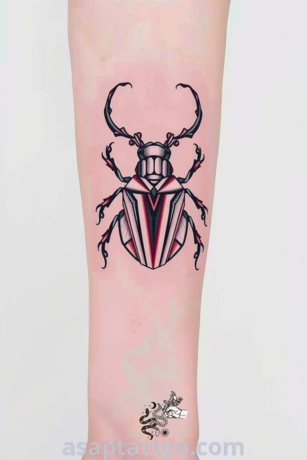 Intricate geometric beetle tattoo on the forearm with bold linework and delicate shading, symbolizing transformation and resilience. A gorgeous tattoo idea you must see to believe. asaptattoo.com