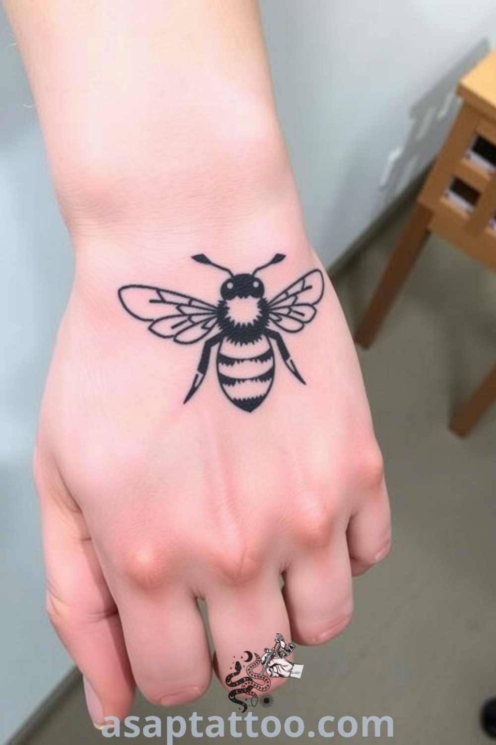 Intricate bee tattoo with bold lines and detailed wings, showcasing a lifelike design symbolizing resilience and unity with nature. This inspiring tattoo idea you must see to believe. asaptattoo.com