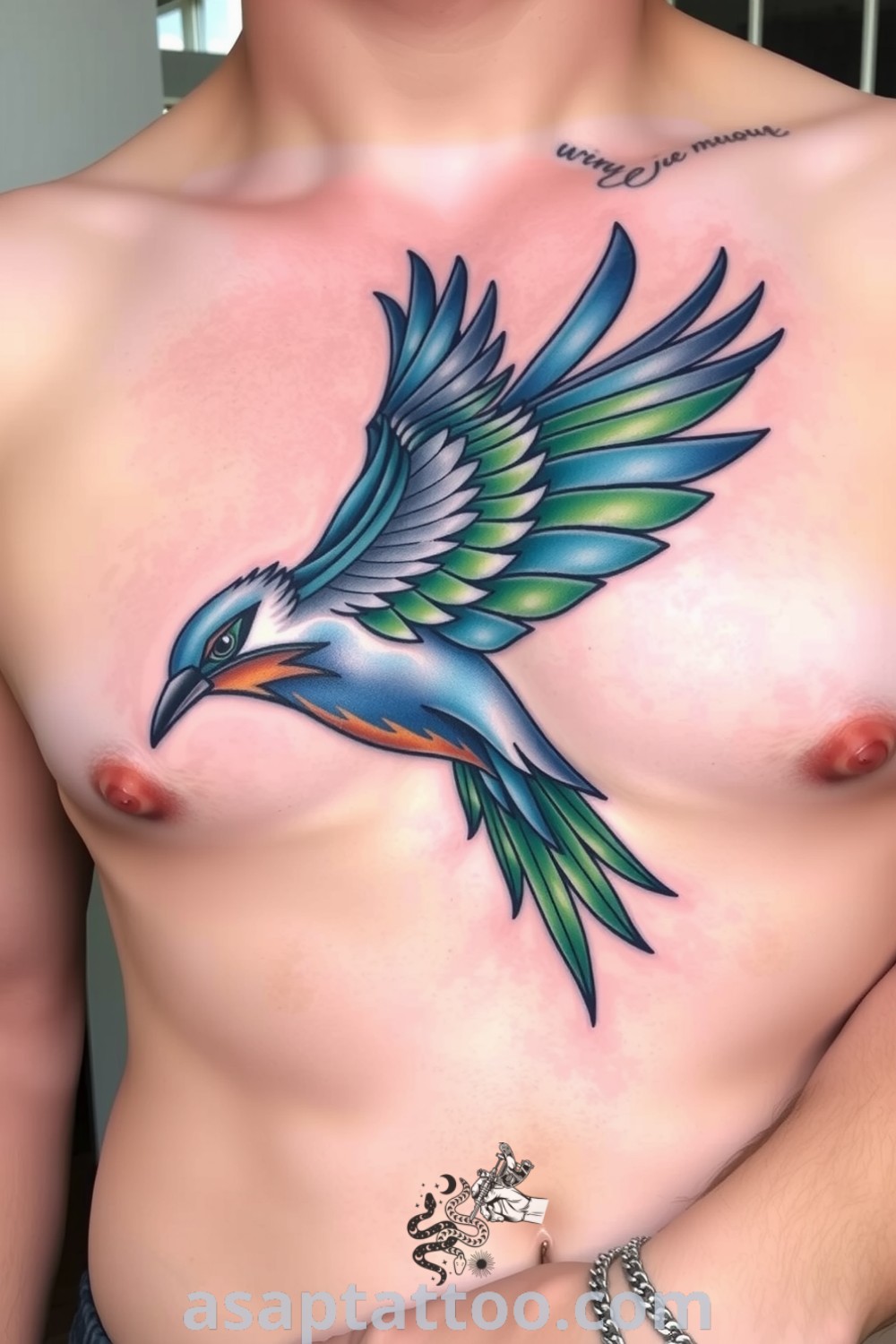 Neo-traditional bird tattoo with vibrant blue and green gradients, bold outlines, and intricate details symbolizing freedom and strength. A gorgeous tattoo idea you must see to believe. asaptattoo.com