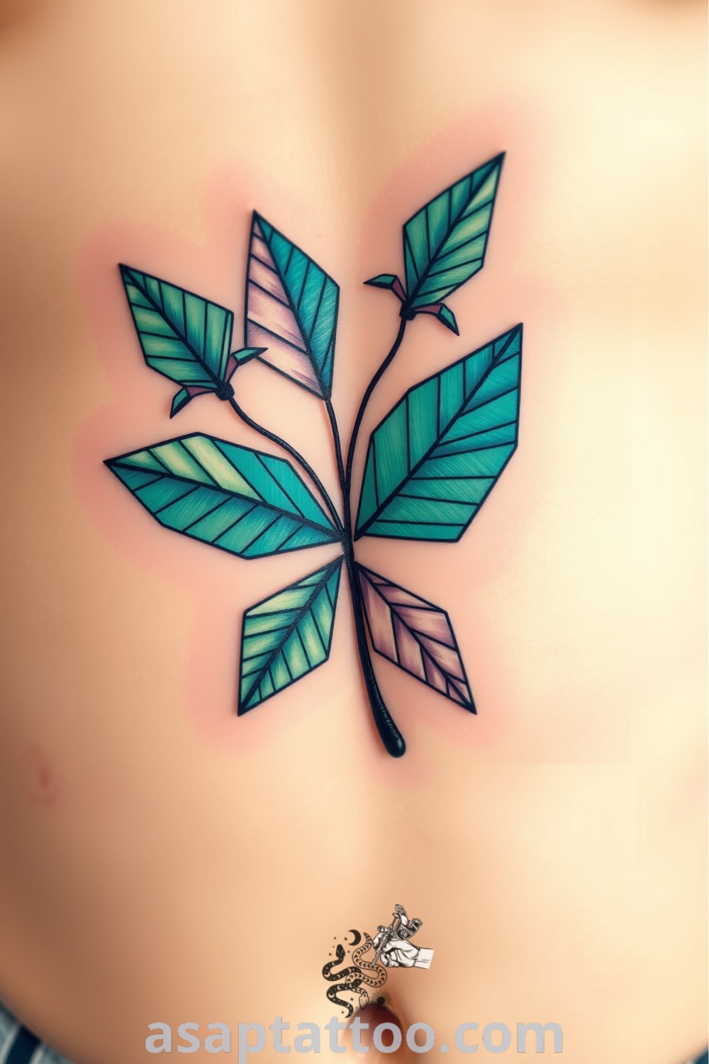 Origami plant tattoo on ribcage with intricate folded leaves and geometric design, enhanced with gradients and linework. An amazing tattoo idea you must see. asaptattoo.com