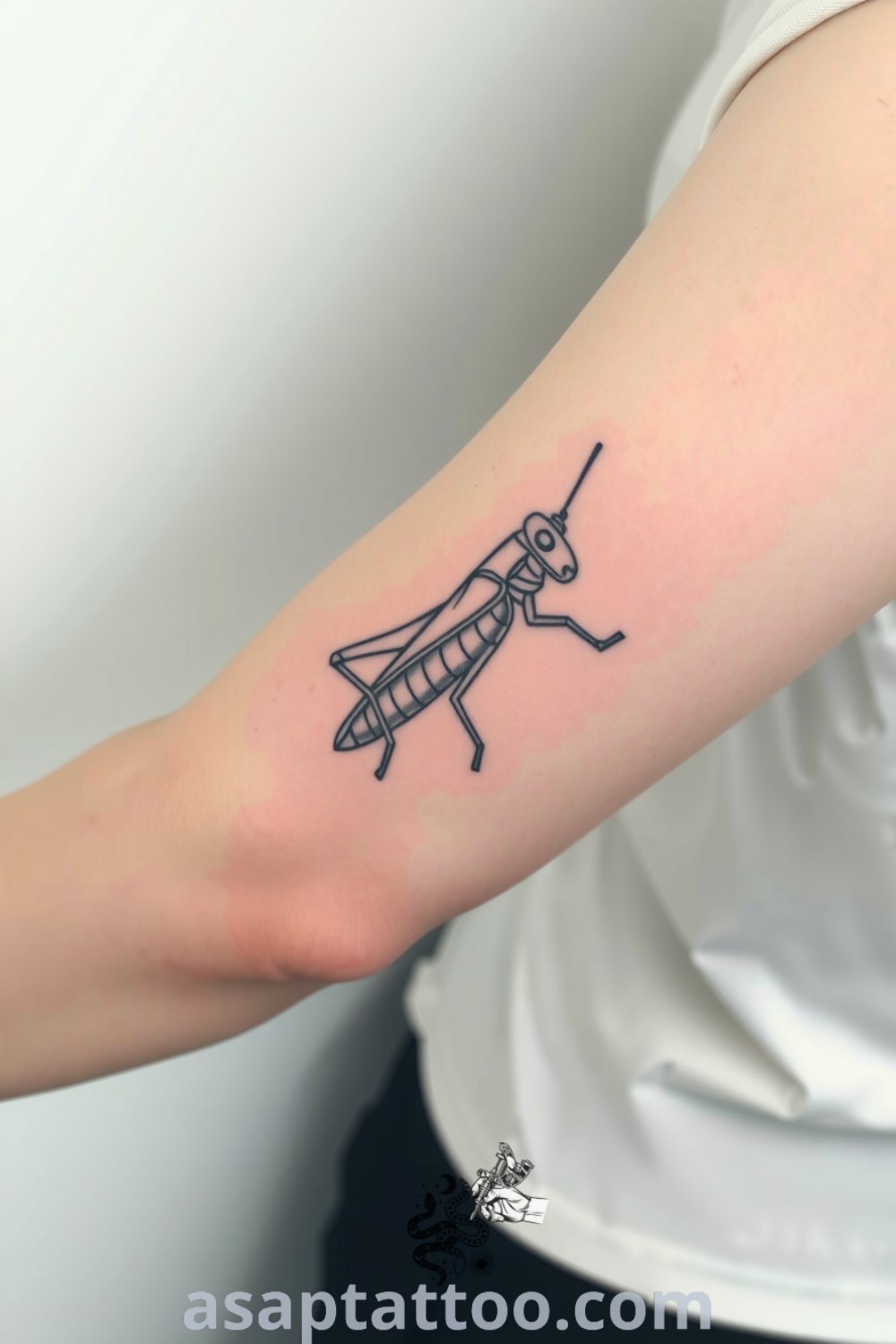 Minimalist grasshopper tattoo with sleek lines and intricate details, showcasing vitality and resilience. A gorgeous tattoo idea you must see to believe. asaptattoo.com