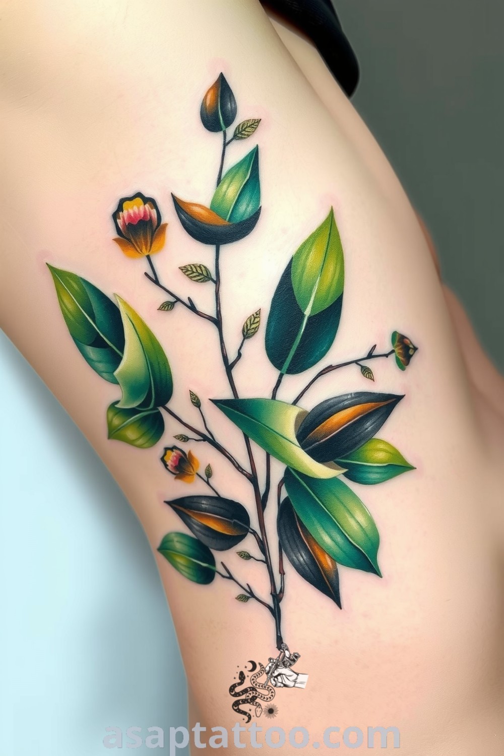 Collage-style botanical tattoo flowing along the ribcage with torn-paper effect, featuring vibrant greens and earthy browns. An elegant design that you must see to believe, showcasing the beauty of nature. asaptattoo.com