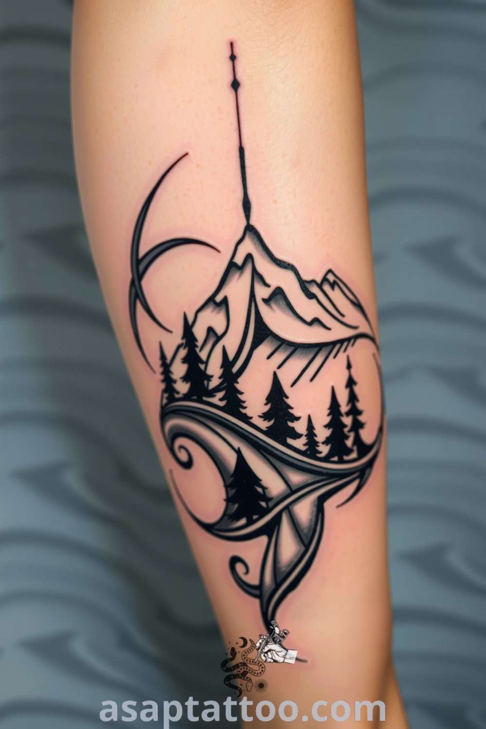 Tribal forest and mountain tattoo on leg with intricate black lines and shading, embodying nature