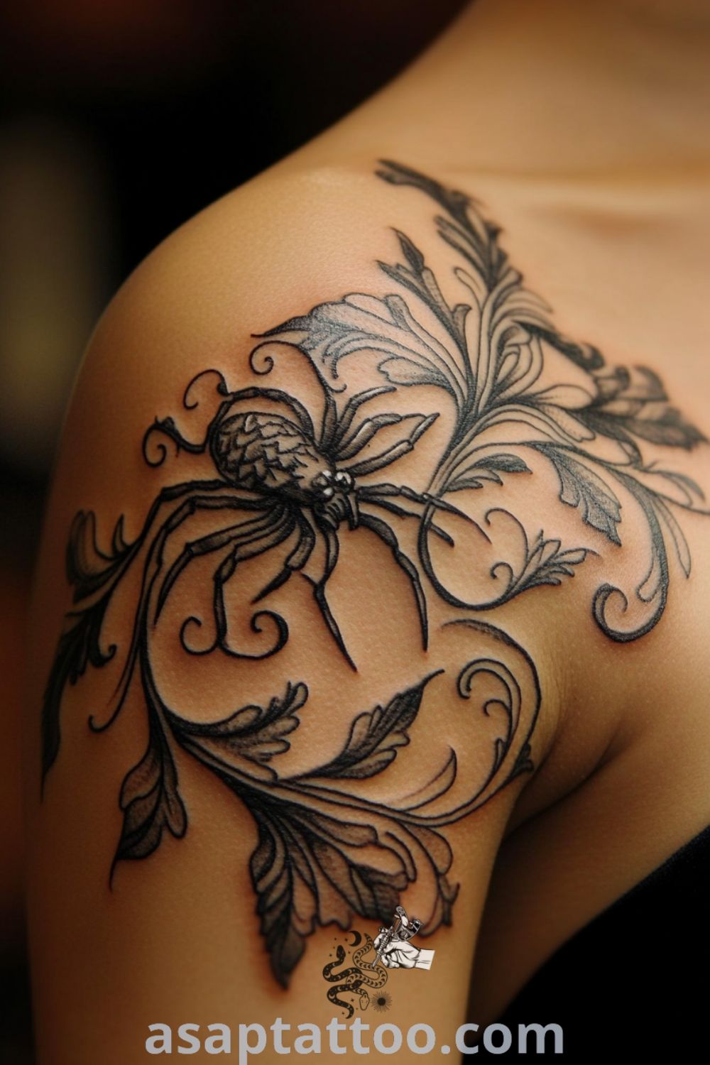 Neo-traditional spider tattoo with bold black outlines, intricate detailing, and rich color gradation showcasing elegance and mystique. A gorgeous tattoo idea you must see. asaptattoo.com