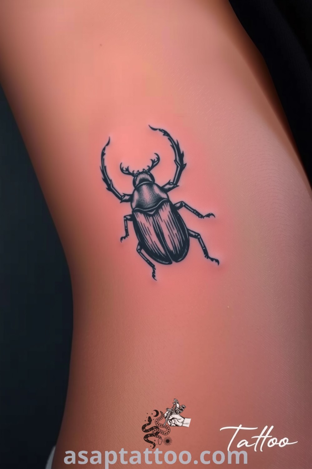 Intricate engraving-style beetle tattoo on the rib, featuring detailed linework and shading in rich blacks and deep grays. A gorgeous tattoo idea you will absolutely love. asaptattoo.com