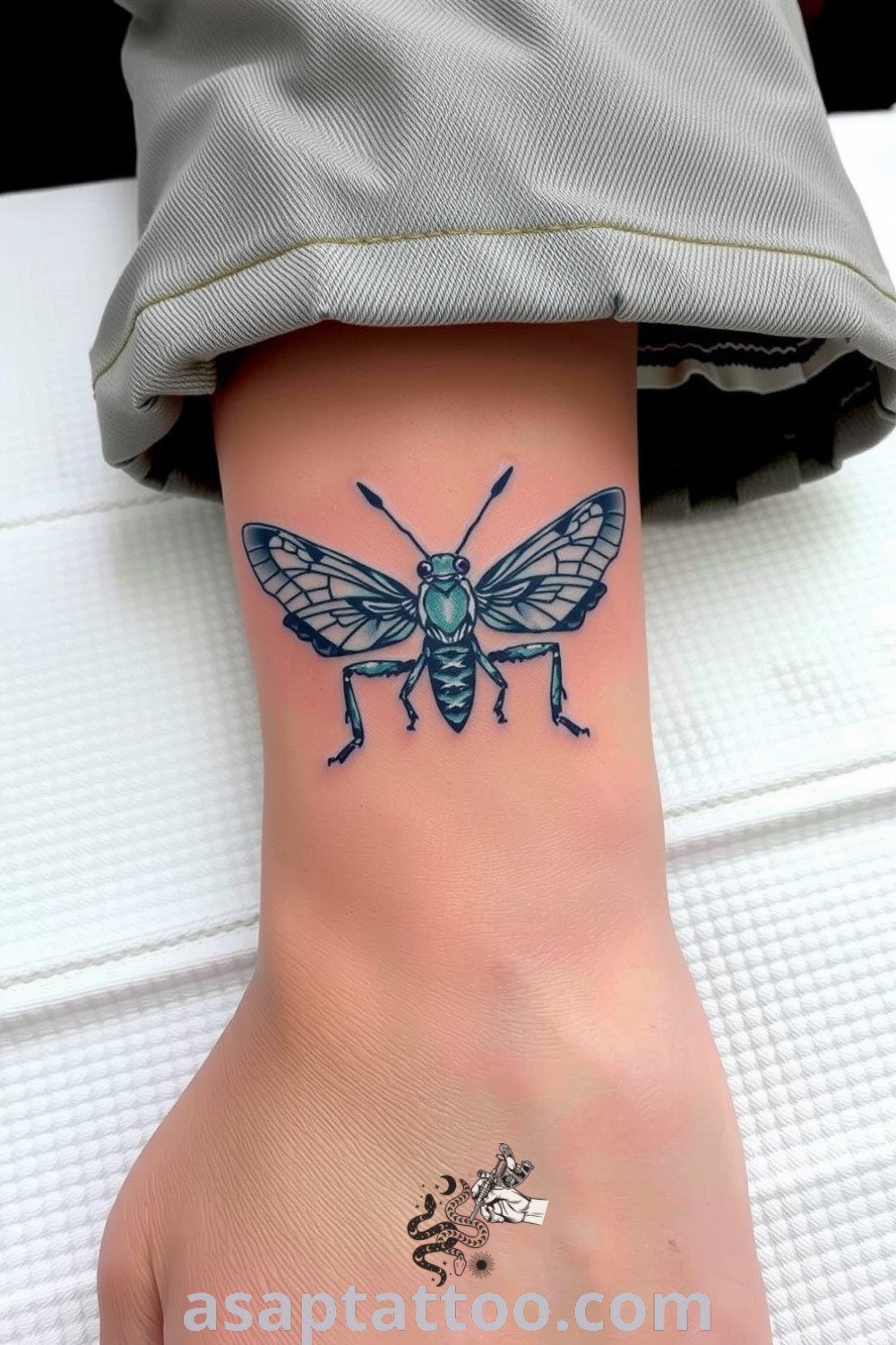 Celestial grasshopper tattoo with intricate linework and deep navy and silver hues, symbolizing transformation and freedom. A gorgeous tattoo idea you must see to believe. asaptattoo.com