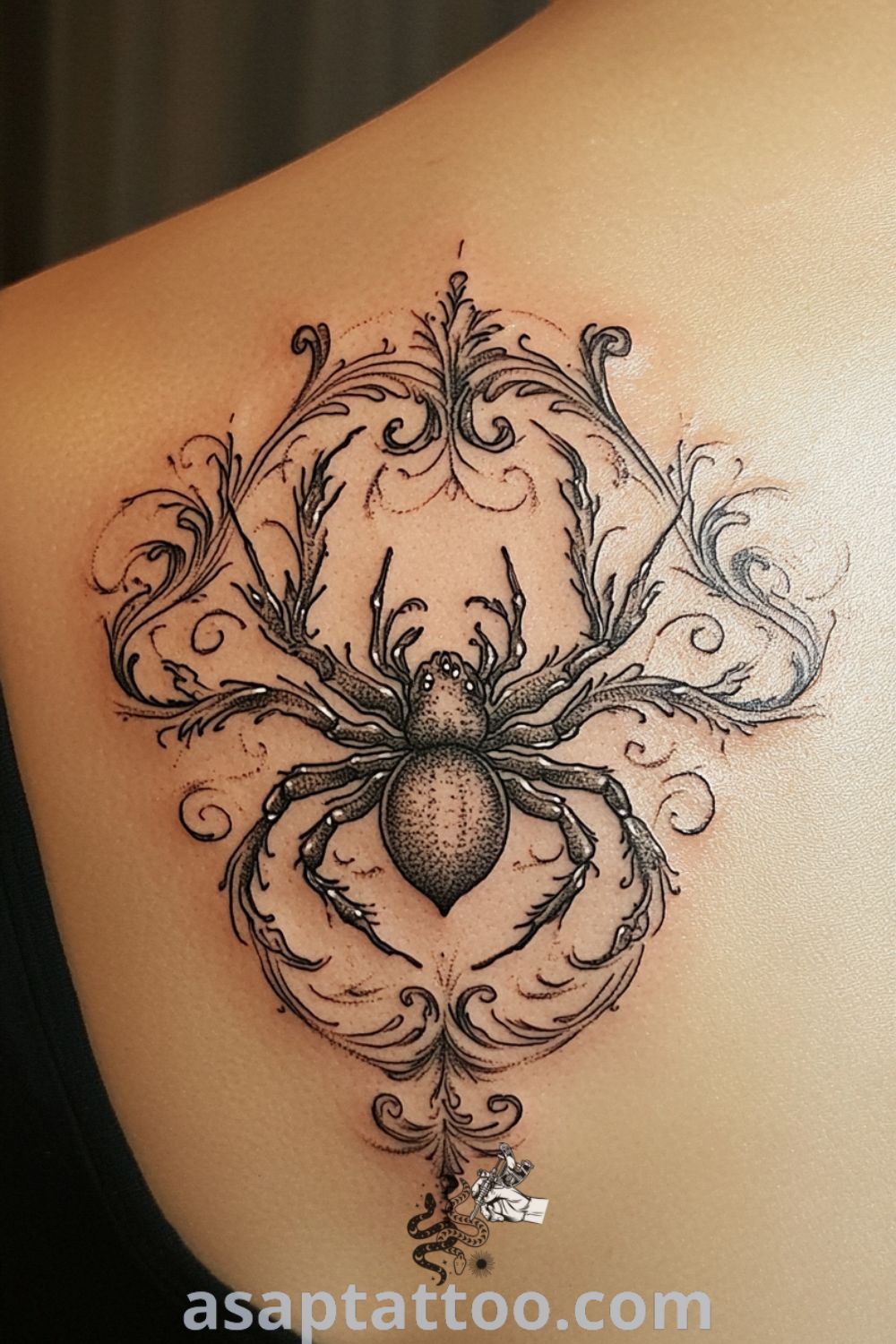 Baroque spider tattoo showcasing intricate swirling lines and ornate details in rich blacks and grays, symbolizing gothic elegance and personal meaning. A gorgeous tattoo idea you will absolutely love. asaptattoo.com