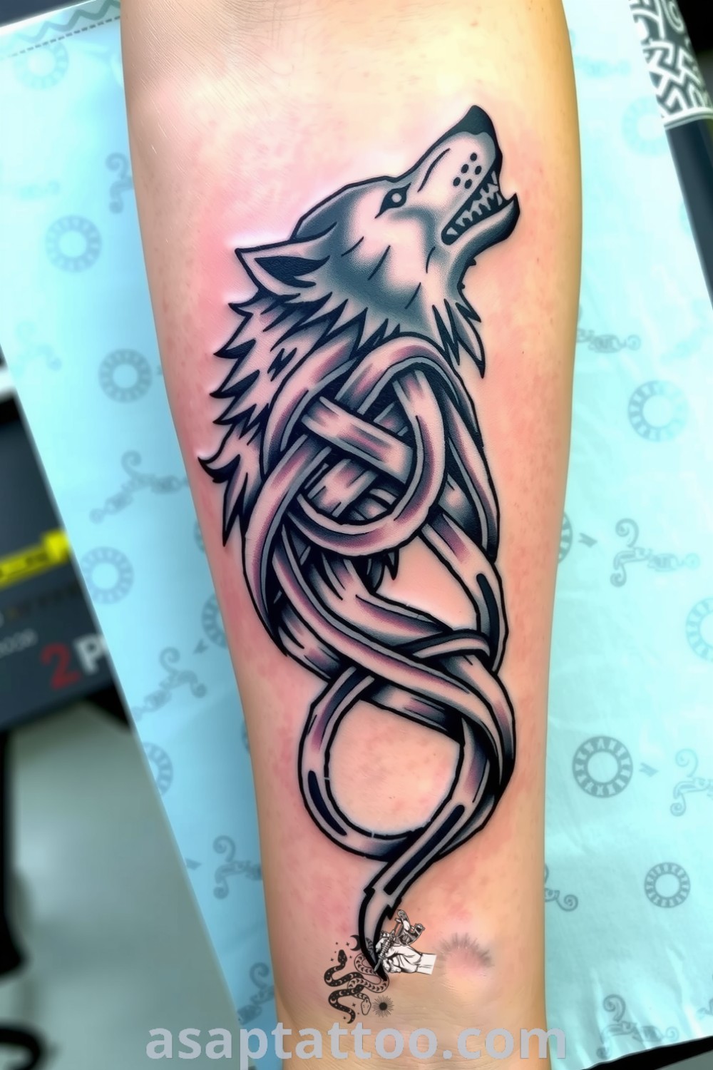 Celtic animal tattoo of a powerful wolf with intricate knotwork, featuring rich black ink and delicate shading for depth. A gorgeous tattoo idea that will inspire you to get inked. asaptattoo.com