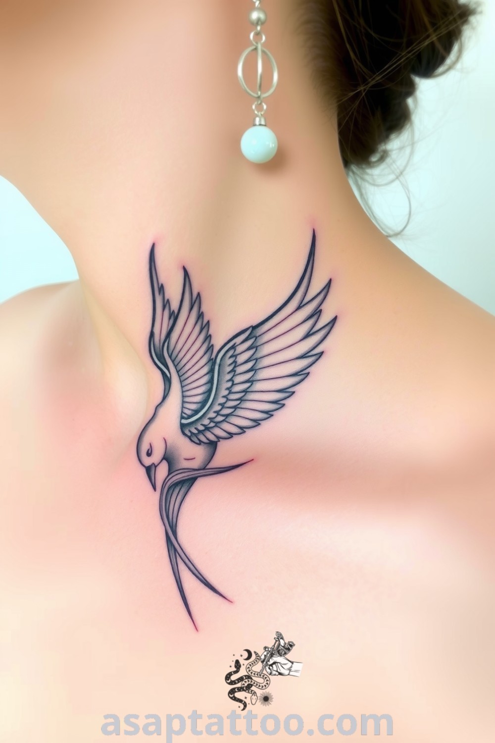 Etching-style bird tattoo on the neck with intricate linework and detailed feathers in monochrome, symbolizing freedom and individuality. A gorgeous tattoo idea you must see to believe. asaptattoo.com
