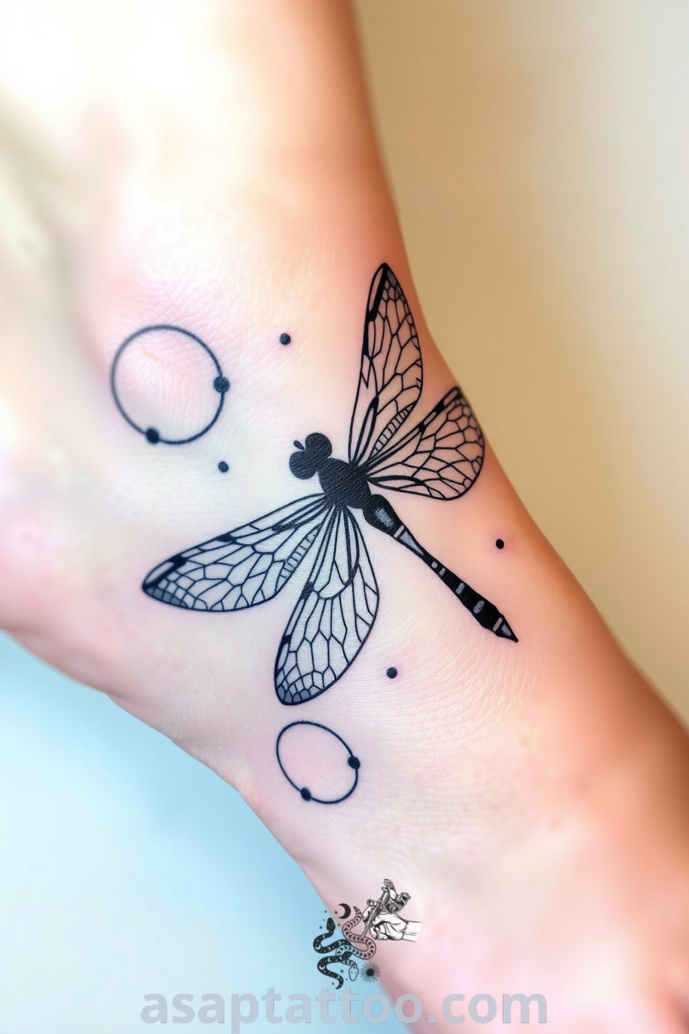 Dotwork dragonfly tattoo on the ankle with intricate patterns and shaded gradients emphasizing its beauty. An elegant and inspiring tattoo idea that you must see to believe. asaptattoo.com
