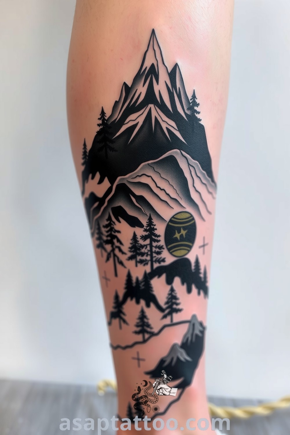 Intricate blackwork tattoo of a forest landscape with mountains, showcasing detailed linework and shading. A gorgeous tattoo idea that symbolizes beauty and resilience, you must see. asaptattoo.com