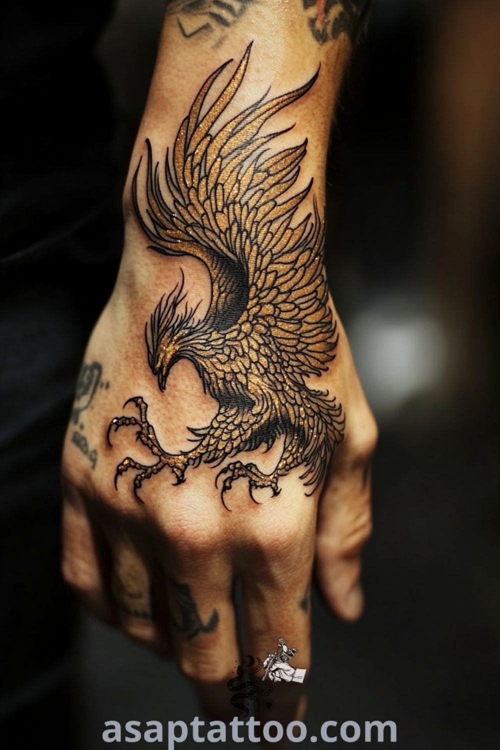 Metallic ink phoenix tattoo with intricate linework and rich gold and silver gradients on light skin, representing rebirth and strength. This gorgeous tattoo idea you must see to believe. asaptattoo.com