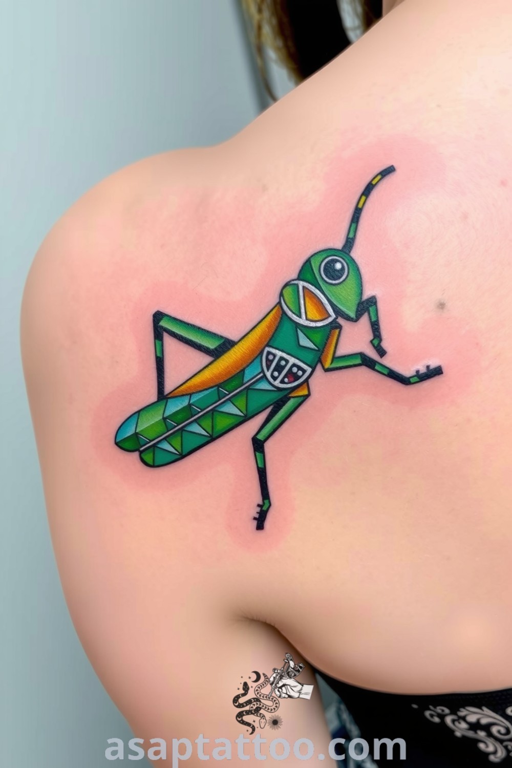 Mosaic grasshopper tattoo featuring vibrant geometric shapes in greens and earthy tones, with intricate details and sharp linework. A gorgeous tattoo idea you must see to believe. asaptattoo.com