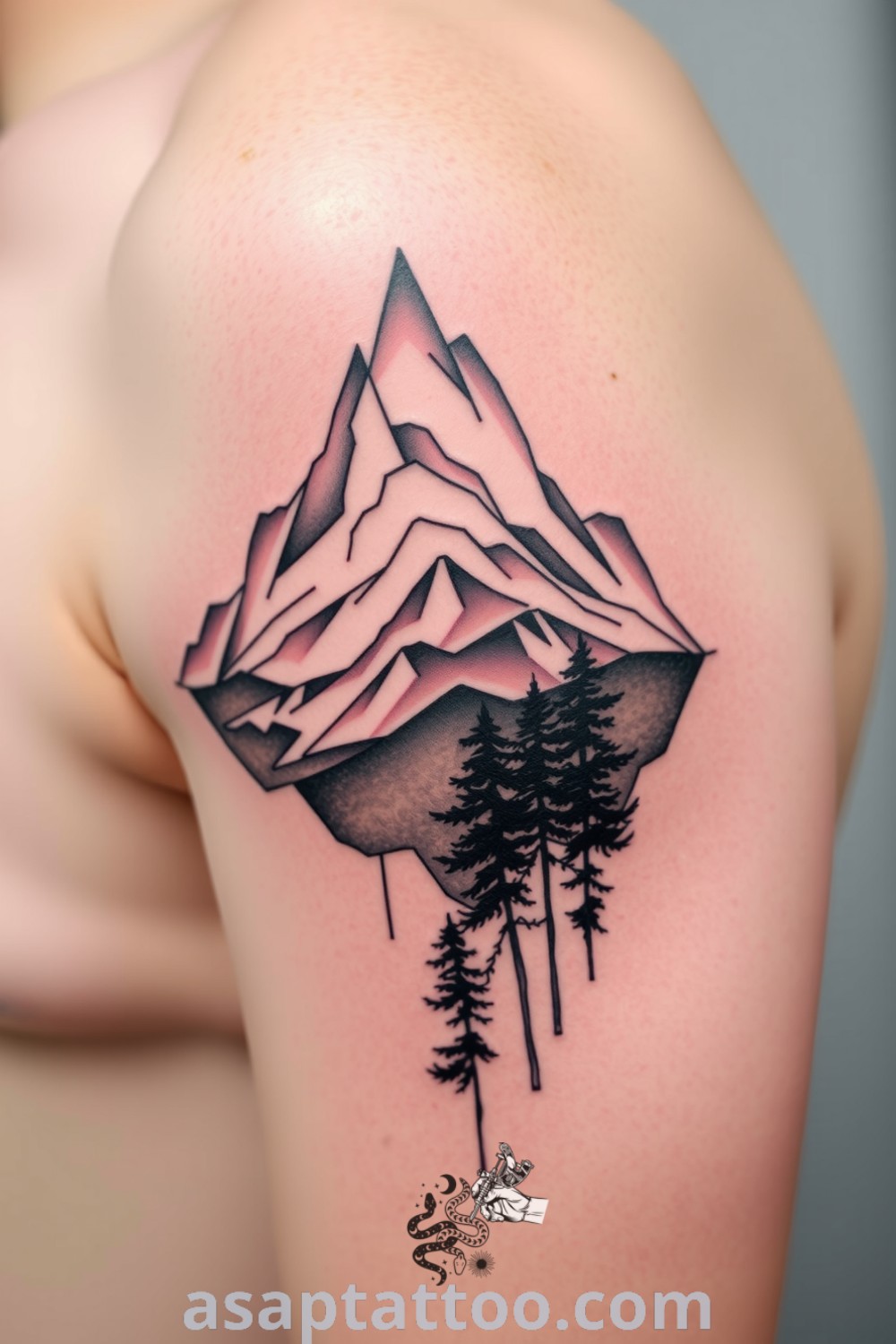 Abstract mountain and forest tattoo featuring intricate linework and rich shading, creating depth and flow. An amazing tattoo idea you must see to believe. asaptattoo.com